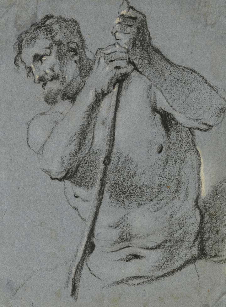 A Half-Length Study of a Male Nude Holding a Staff
